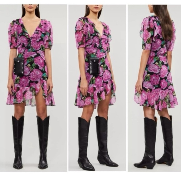 THE KOOPLES Winter Peonies Floral Print Short Sleeve  Ruffled Mini Dress Large - Picture 2 of 14